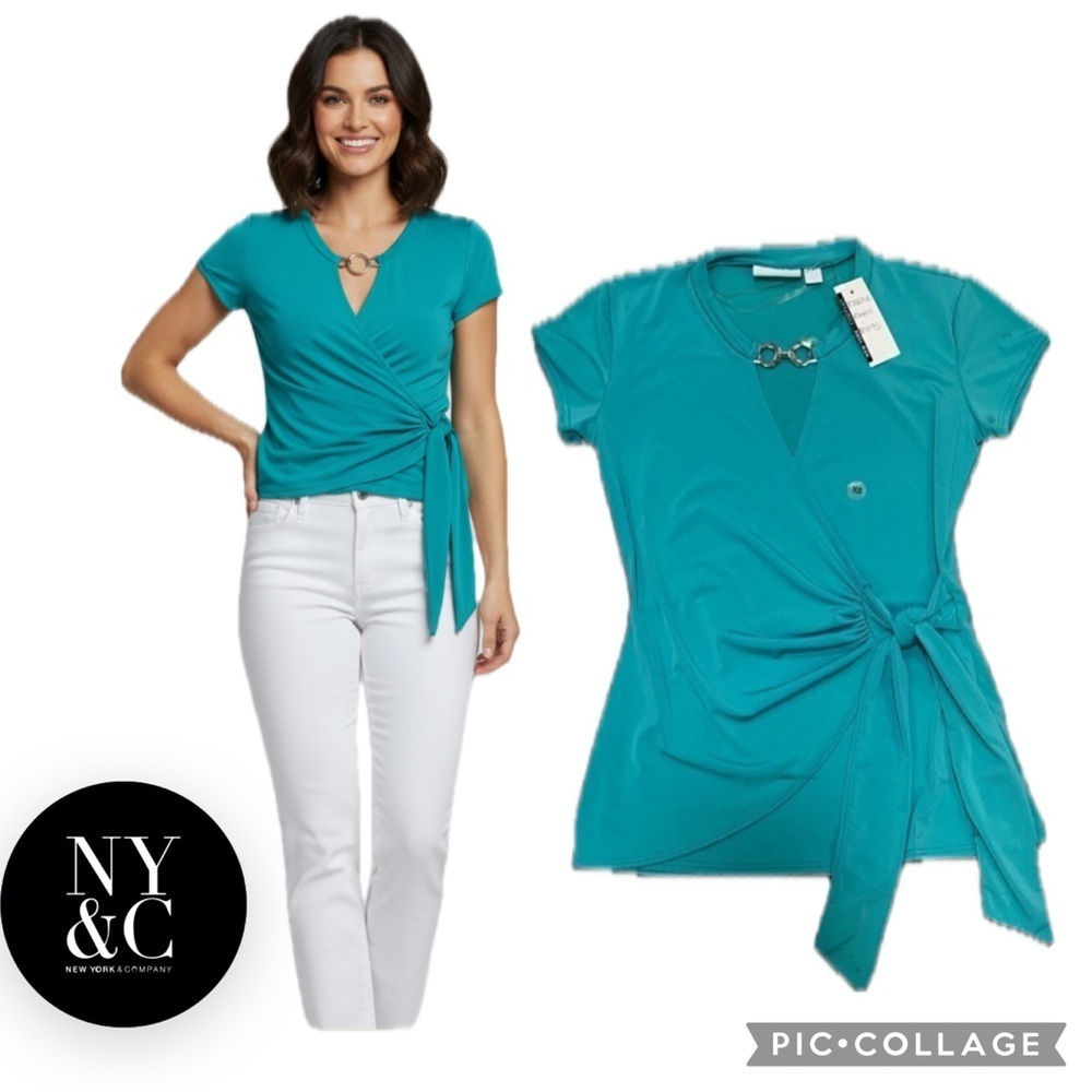 NWT NY CO Teal cross over front tie blouse